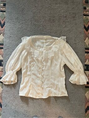 Lace-Trim Cream Blouse with Button Front